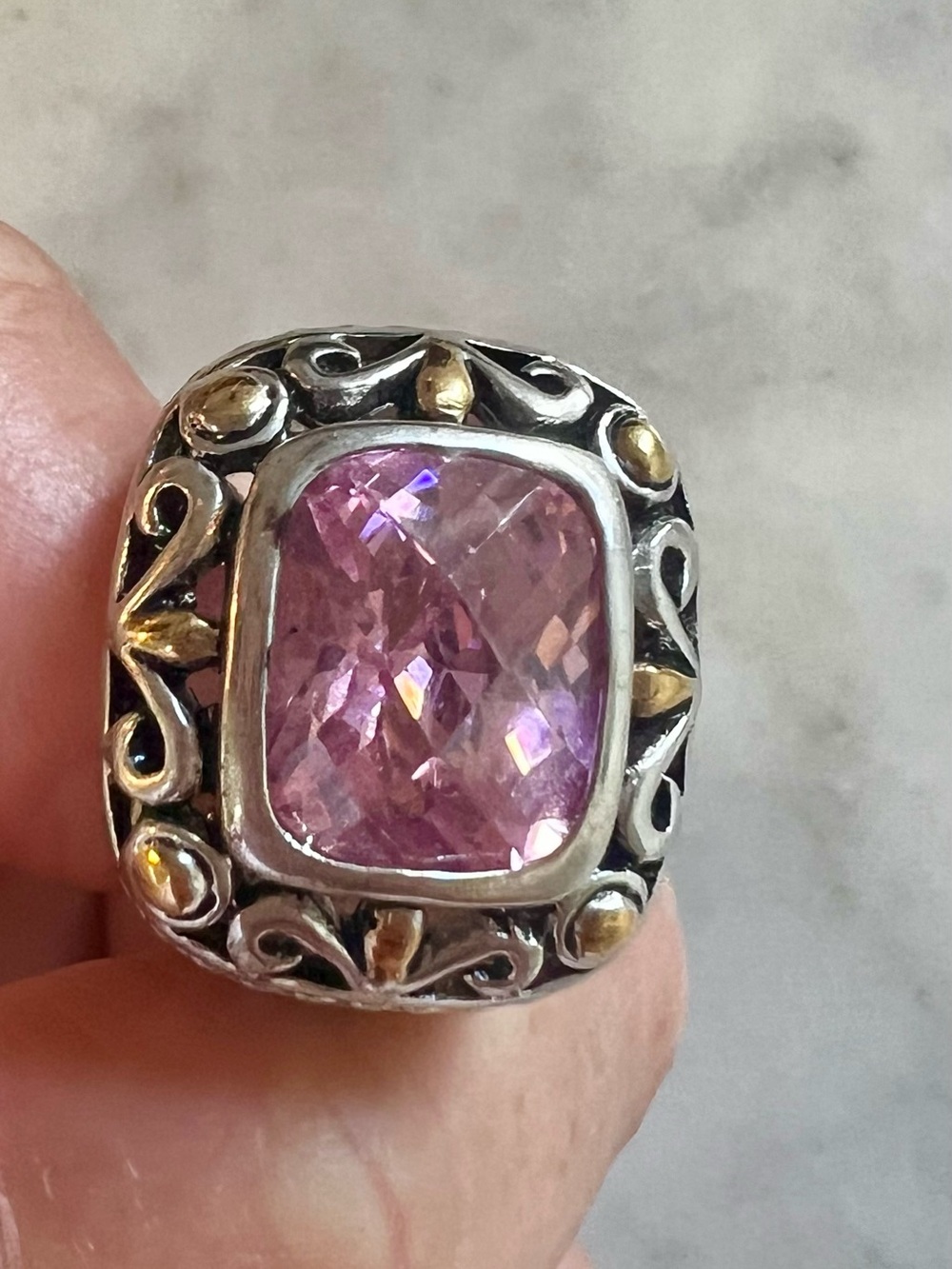 Y2K Baroque Revival Two-Tone Pink CZ Stainless Steel Wide Band Ring Sz 5.5